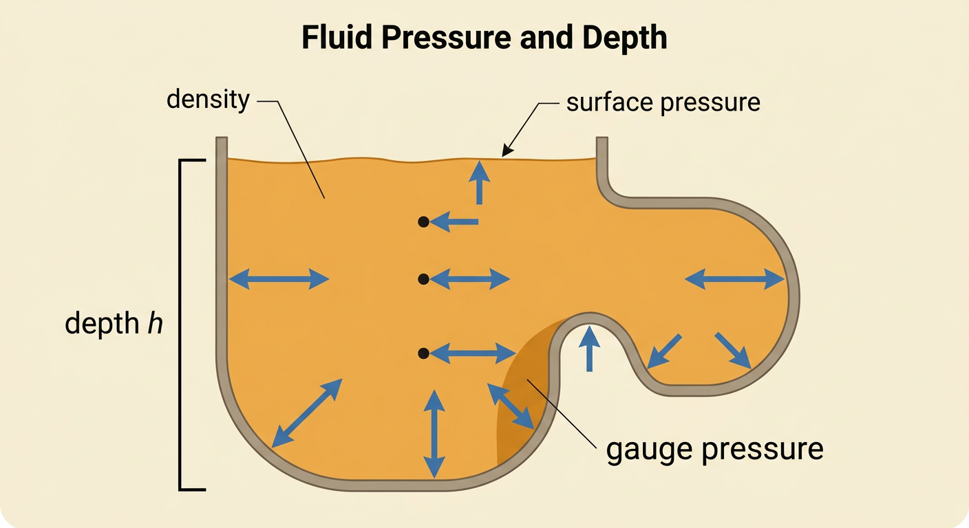 A connected water container shows equal pressure at two points at the same depth and a pressure increase below the surface.