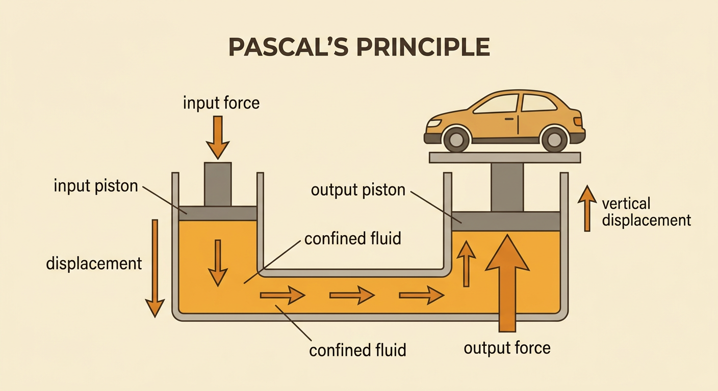 A hydraulic lift shows a small input piston connected by confined fluid to a large output piston supporting a car.