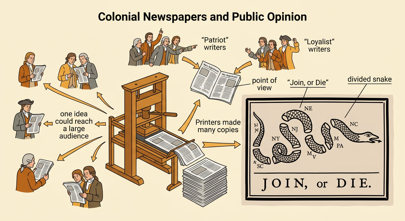 A colonial newspaper displays Benjamin Franklin's divided snake cartoon as Patriot and Loyalist readers examine its message.