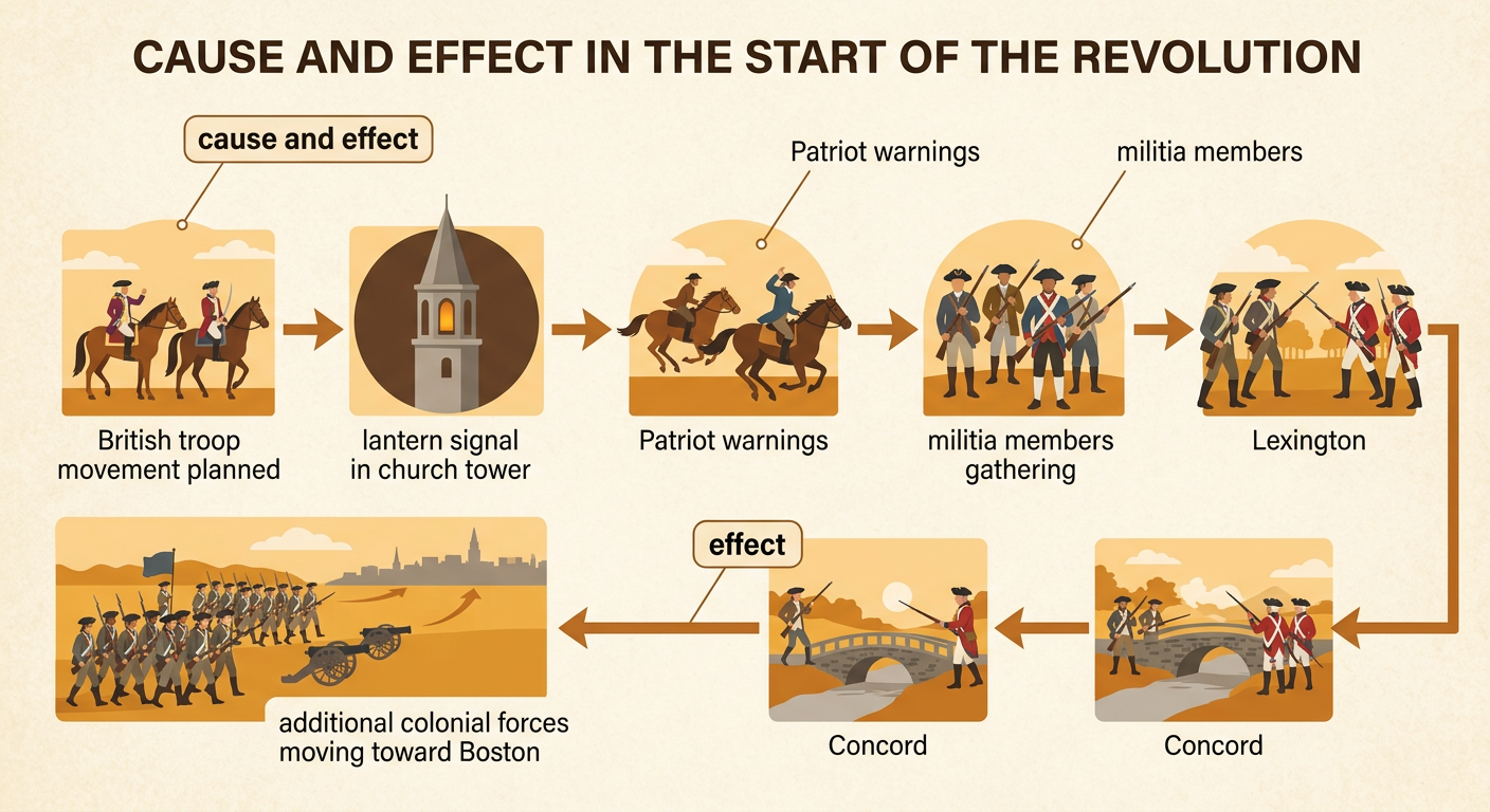 A cause-and-effect path connects the troop movement, Patriot warnings, gathered militia, and the Battles of Lexington and Concord.