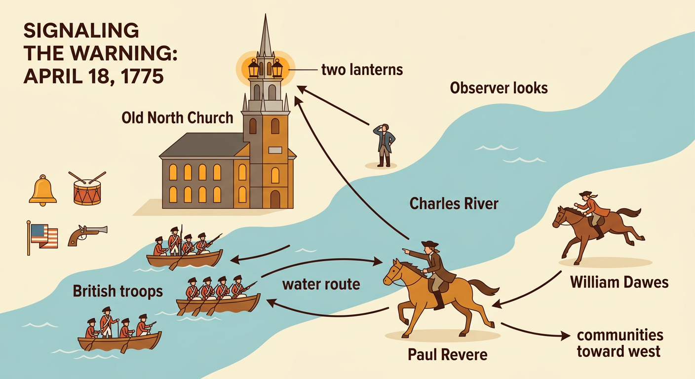 Two lanterns shine from the Old North Church as riders begin carrying warnings across the Charles River.