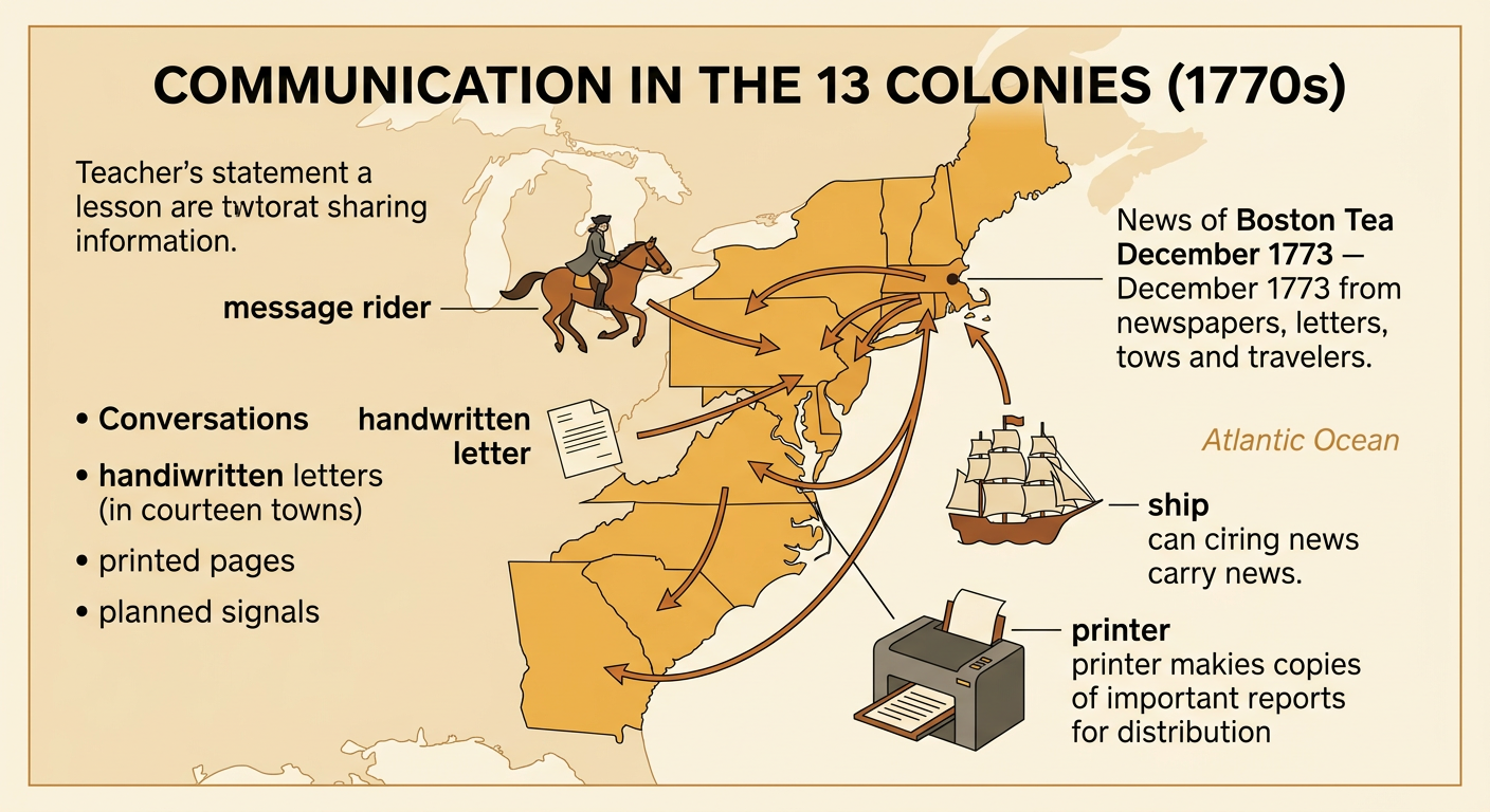 A colonial message rider carries news past a printer while a ship crosses the Atlantic Ocean and a handwritten letter lies ready for delivery.