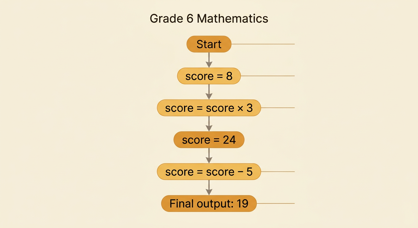 A pseudocode program and trace table show score changing from 8 to 24 to a final value of 19.