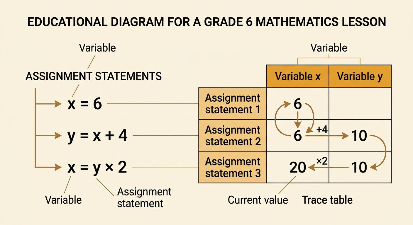 A trace table shows how x and y change as three assignment statements run in order.