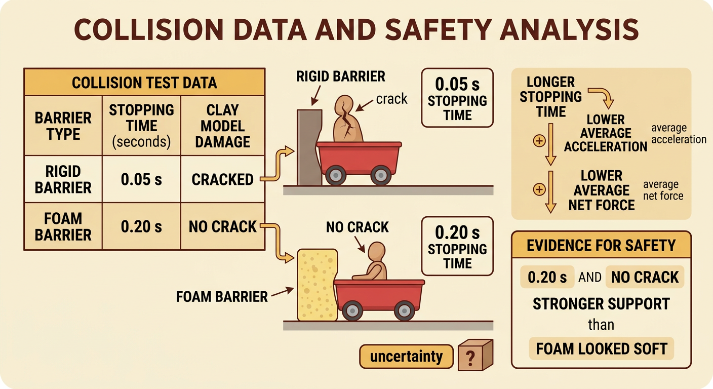 A data table compares a cracked clay model after a rigid-barrier test with an undamaged model after a longer foam-barrier stop.