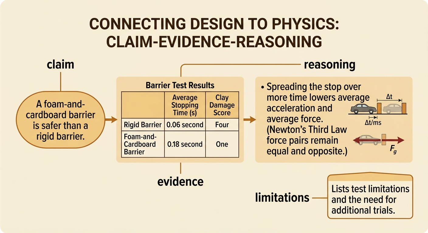 An argument chart links barrier test results to a safety claim while listing the experiment’s limitations.