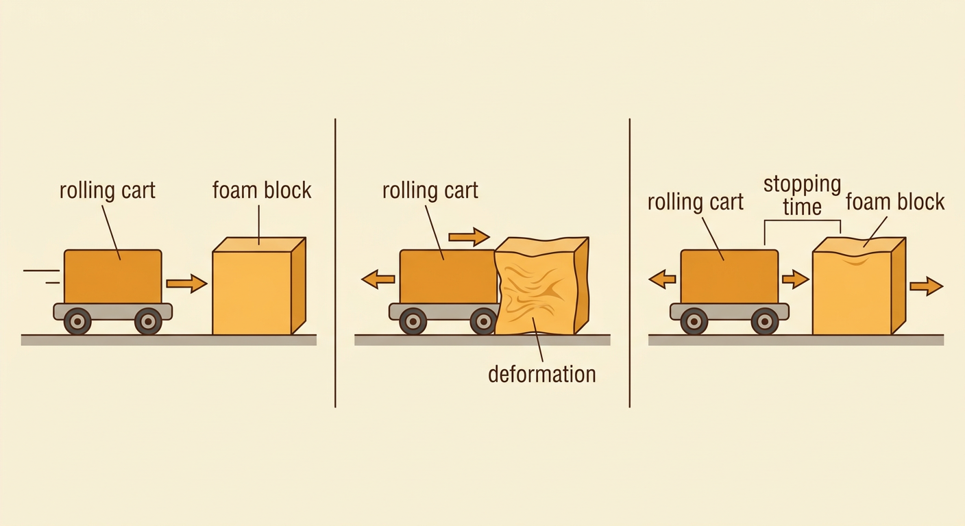 A rolling cart strikes and compresses a foam block, with before, during, and after positions shown.