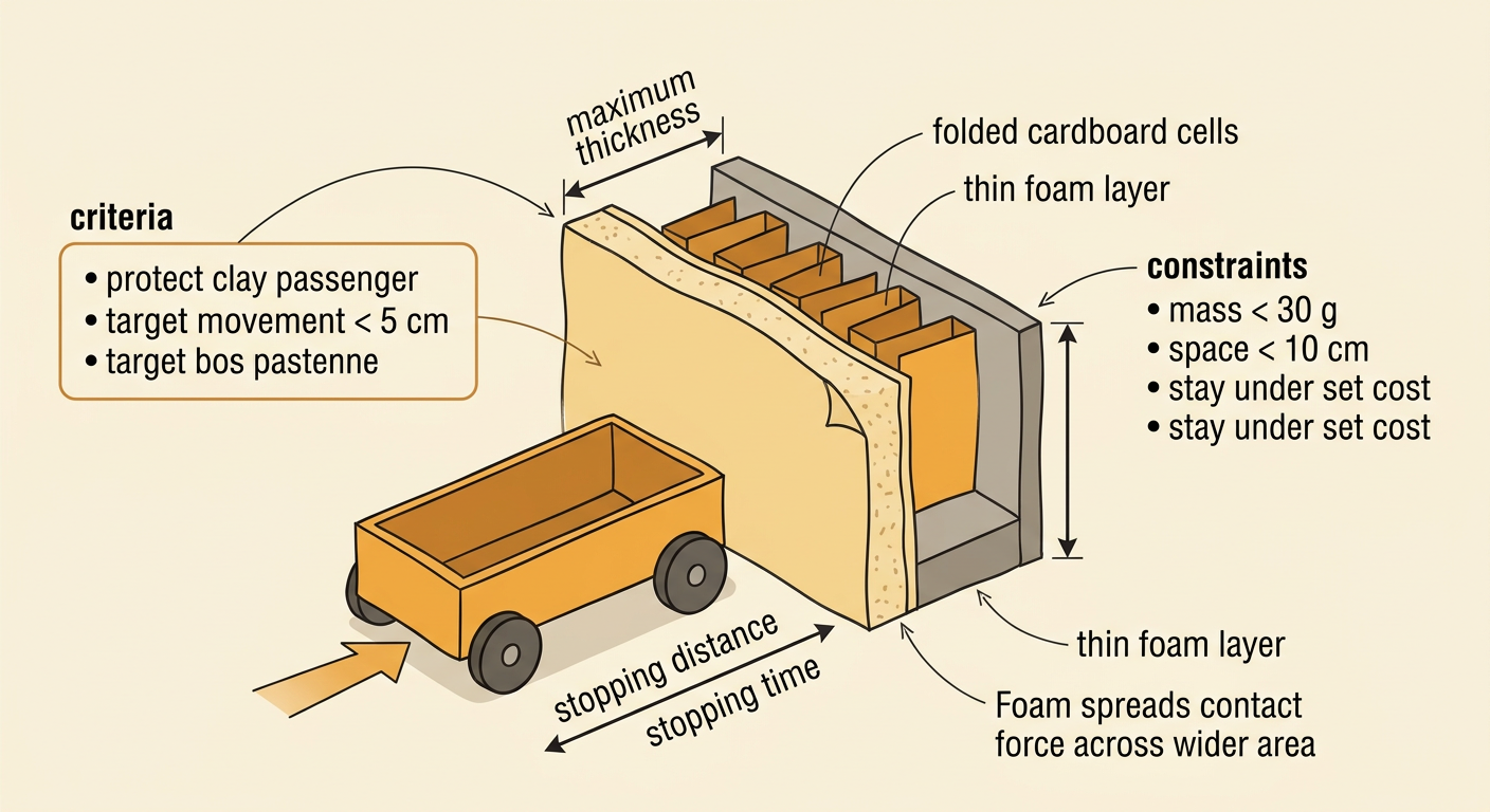 A labeled barrier sketch shows crushable cardboard cells behind a thin foam layer within measured size and mass limits.