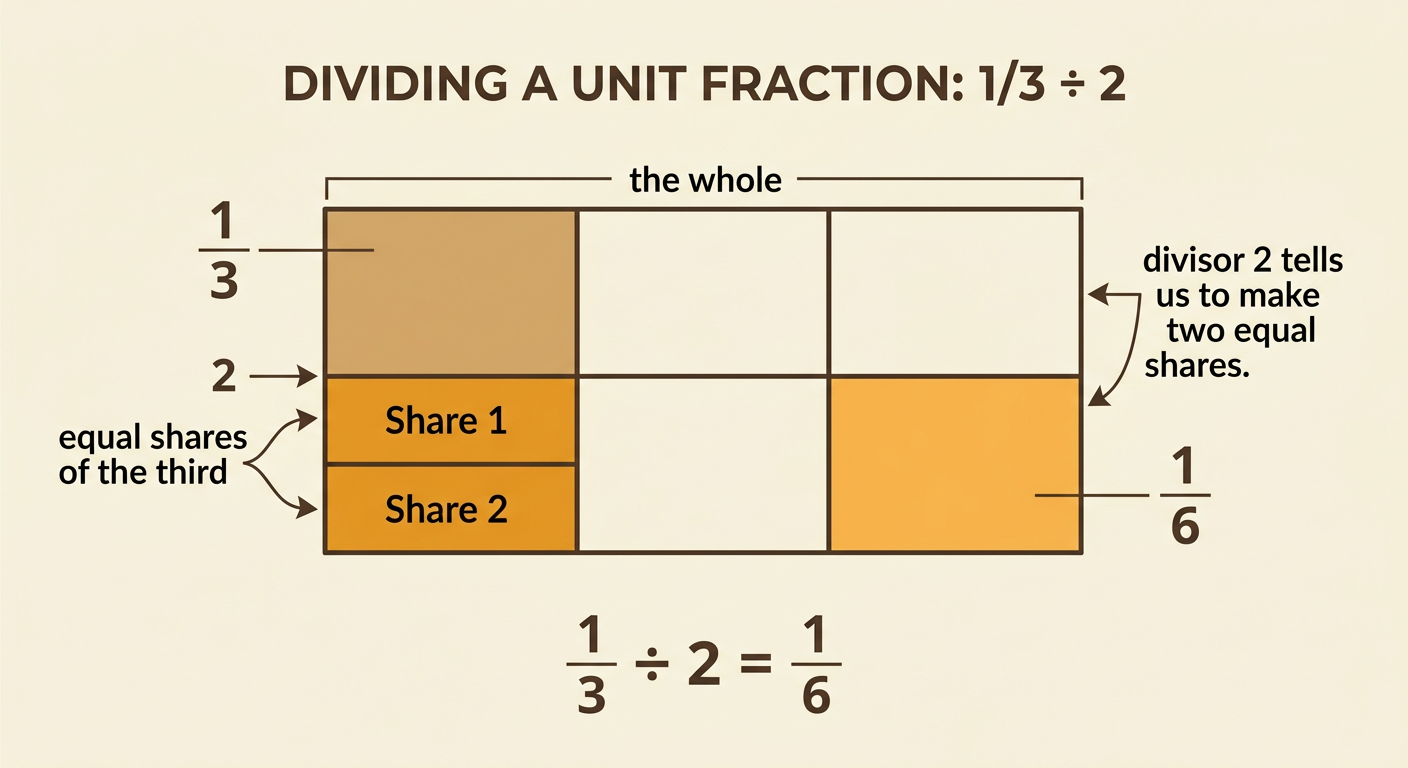 A rectangle changes from three equal parts to six equal parts as one shaded third is split into two equal shares.