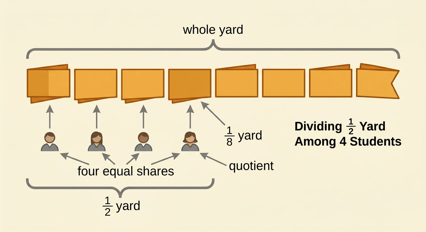 Half of a one-yard ribbon is separated into four equal pieces, with one eighth of a yard shown for each student.