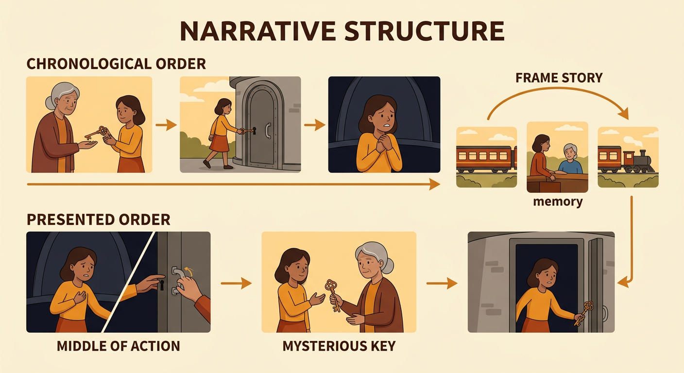 A story path shows chronological order, a beginning in the middle of action, and a frame story, with Maya’s observatory opening highlighted.