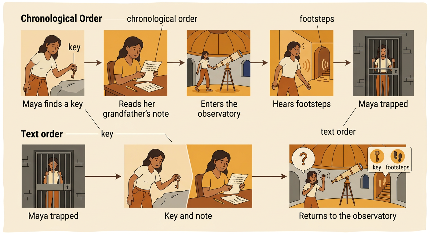 Two parallel timelines compare Maya’s chronological order with the text order used by the author.