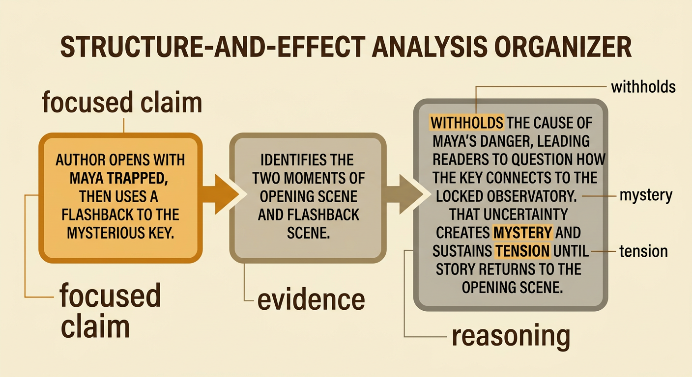 A writing organizer connects a focused claim about Maya’s flashback to evidence and reasoning about mystery and tension.