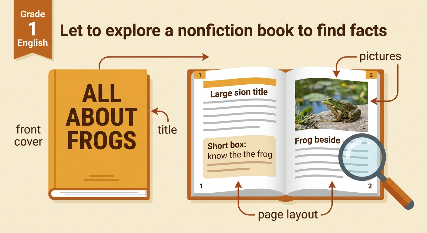 A frog nonfiction book shows its cover beside an open page with clear pictures and an organized layout.