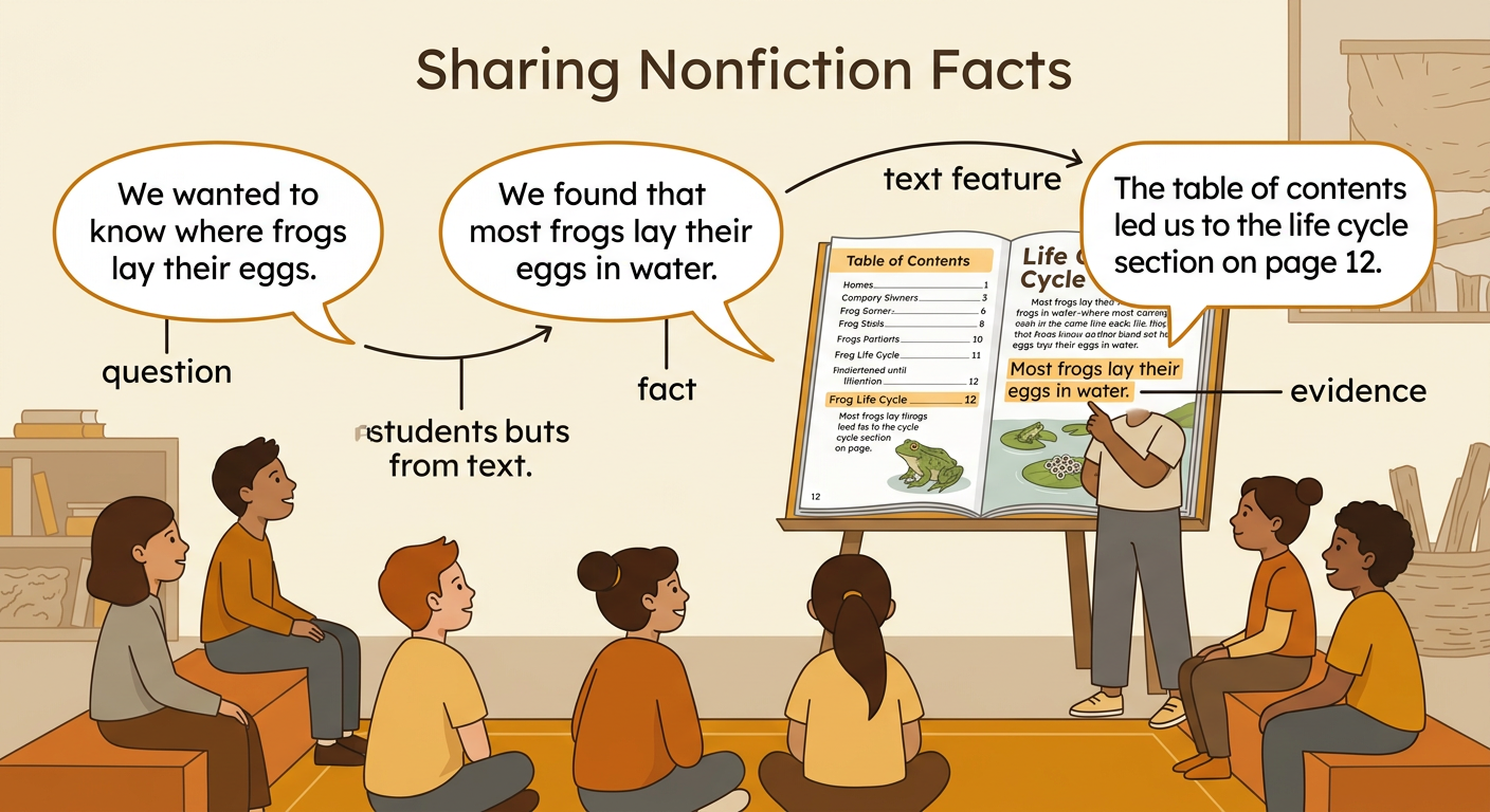 A child shares a frog fact while pointing to the supporting sentence in an open book.