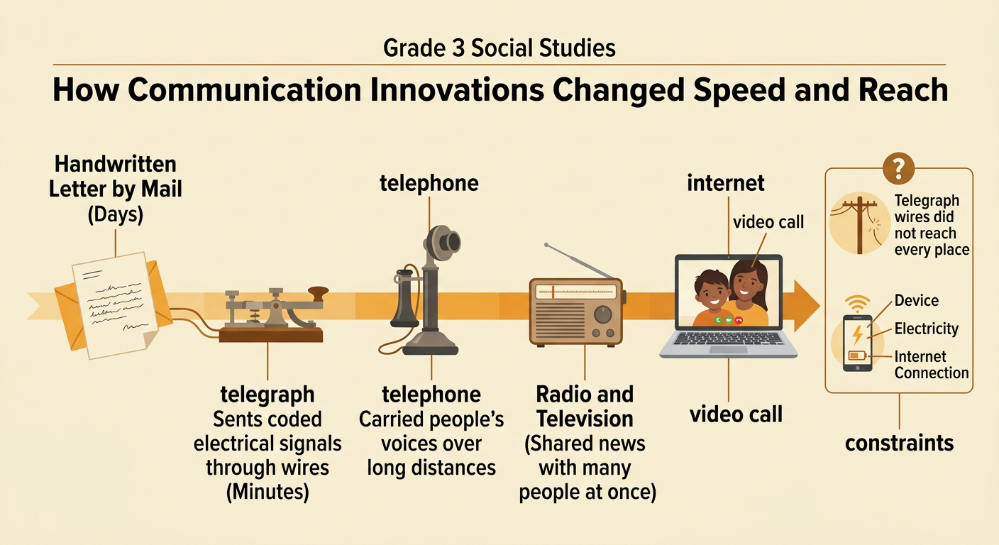 A timeline shows communication changing from the telegraph and telephone to the internet and a live video call.