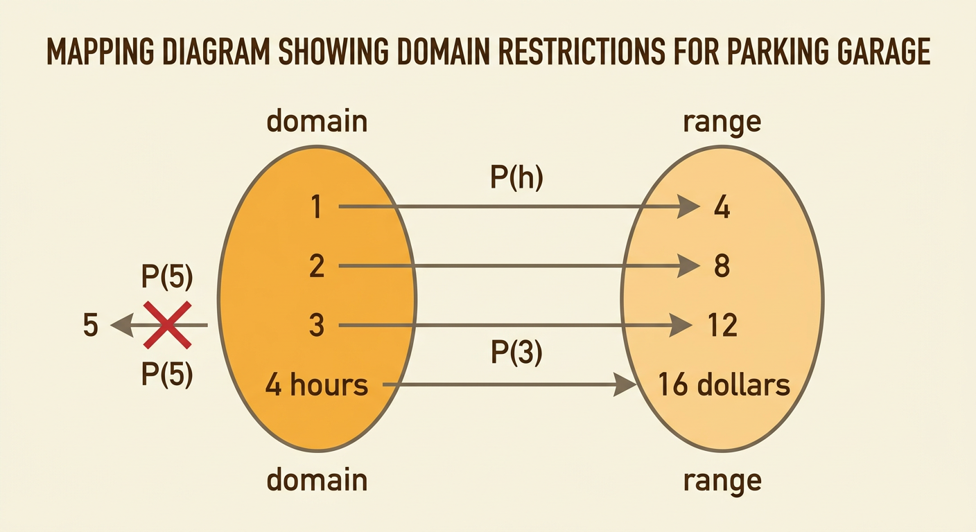 A parking garage chart connects allowed hours in the domain to costs in the range and marks 5 hours as not allowed.