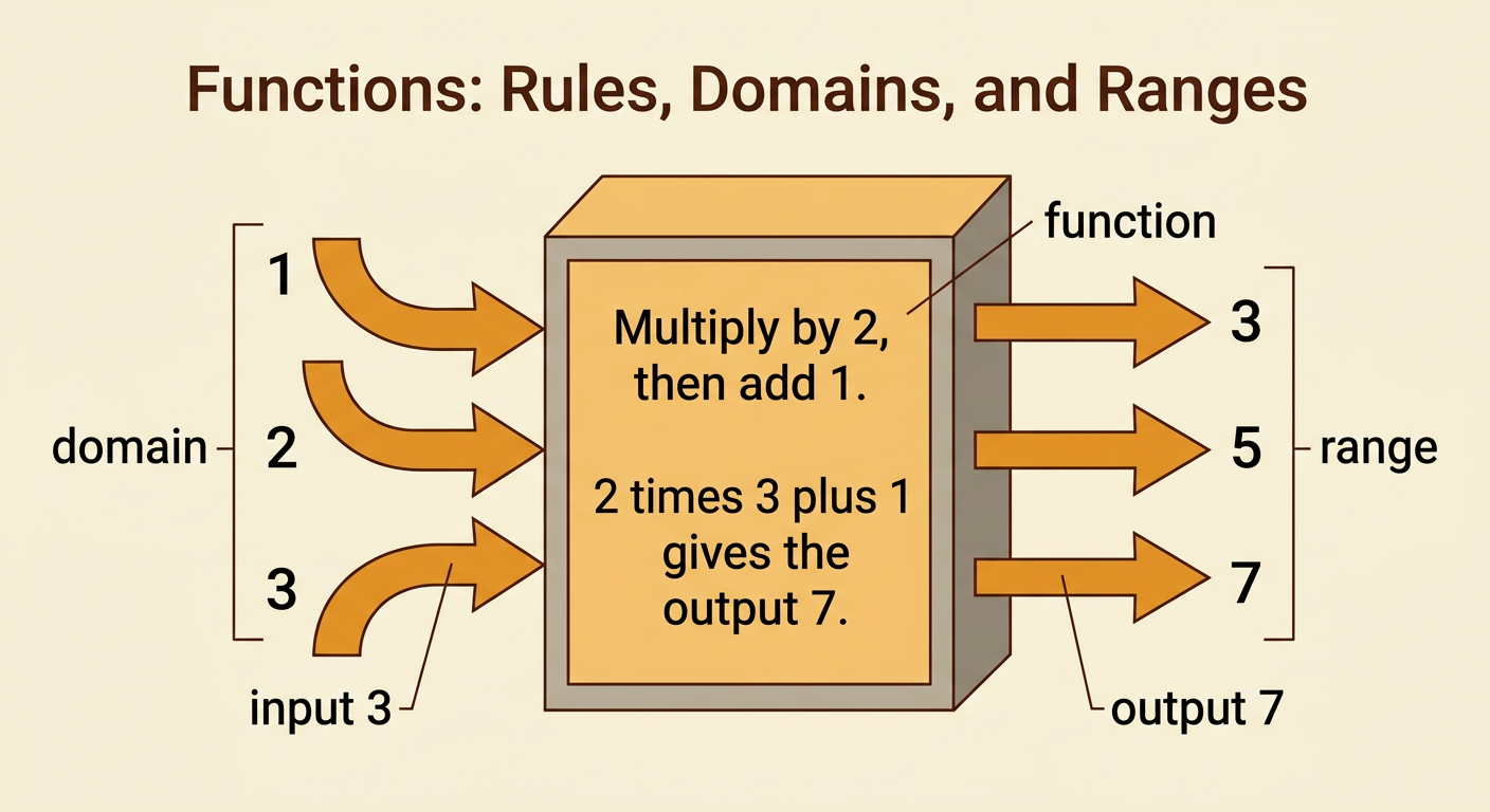 A function machine takes input 3, applies multiply by 2 and add 1, and produces output 7 beside labeled domain and range sets.