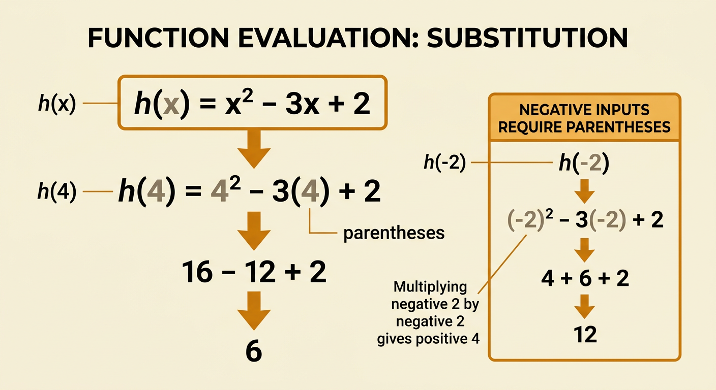 A worked example shows positive and negative inputs substituted into h(x) = x² − 3x + 2 with parentheses around the negative input.