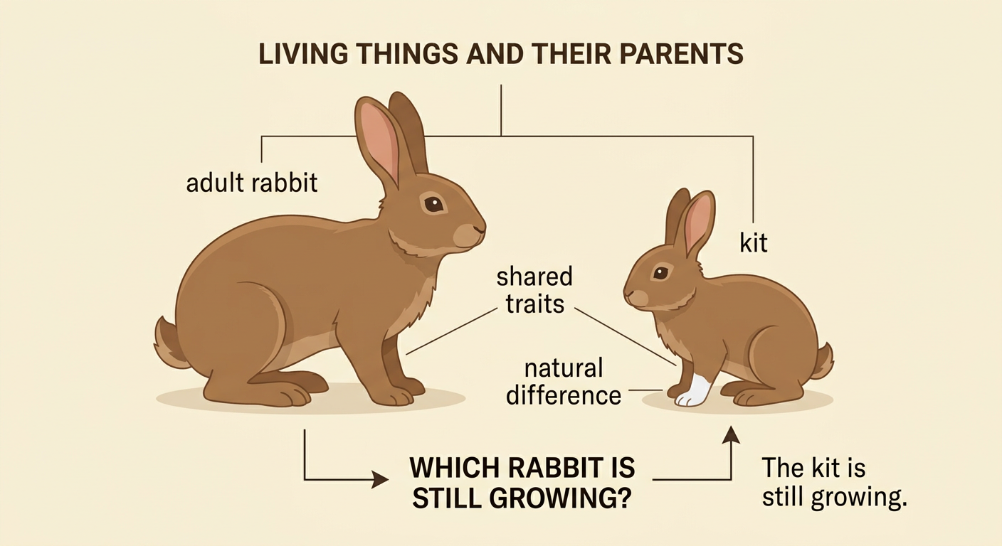 An adult brown rabbit stands beside its smaller brown kit, which has one white foot.