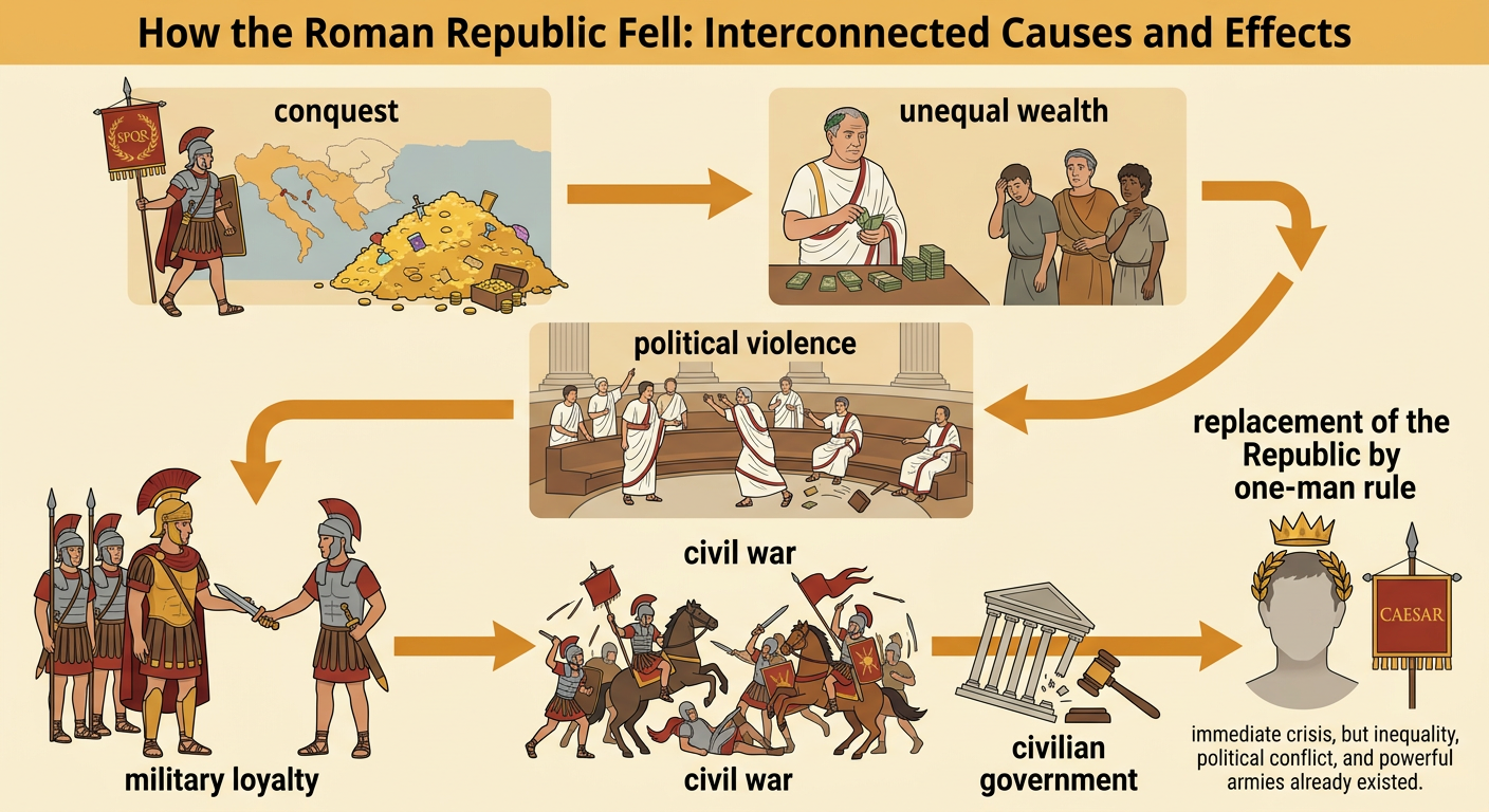 A cause-and-effect chain links conquest, unequal wealth, political violence, military loyalty, and civil war.