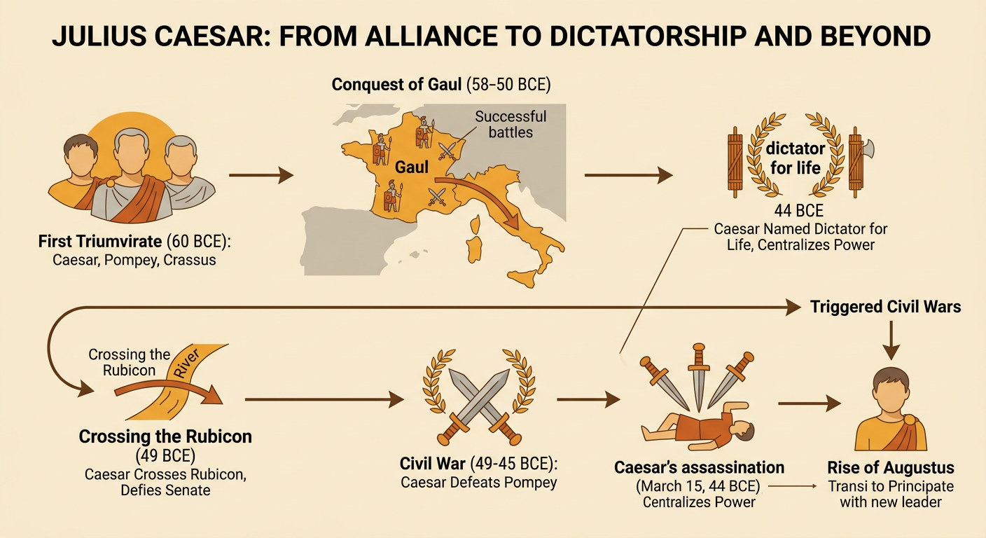 A timeline shows Julius Caesar moving from the conquest of Gaul to dictator for life, Caesar's assassination, and the rise of Augustus.