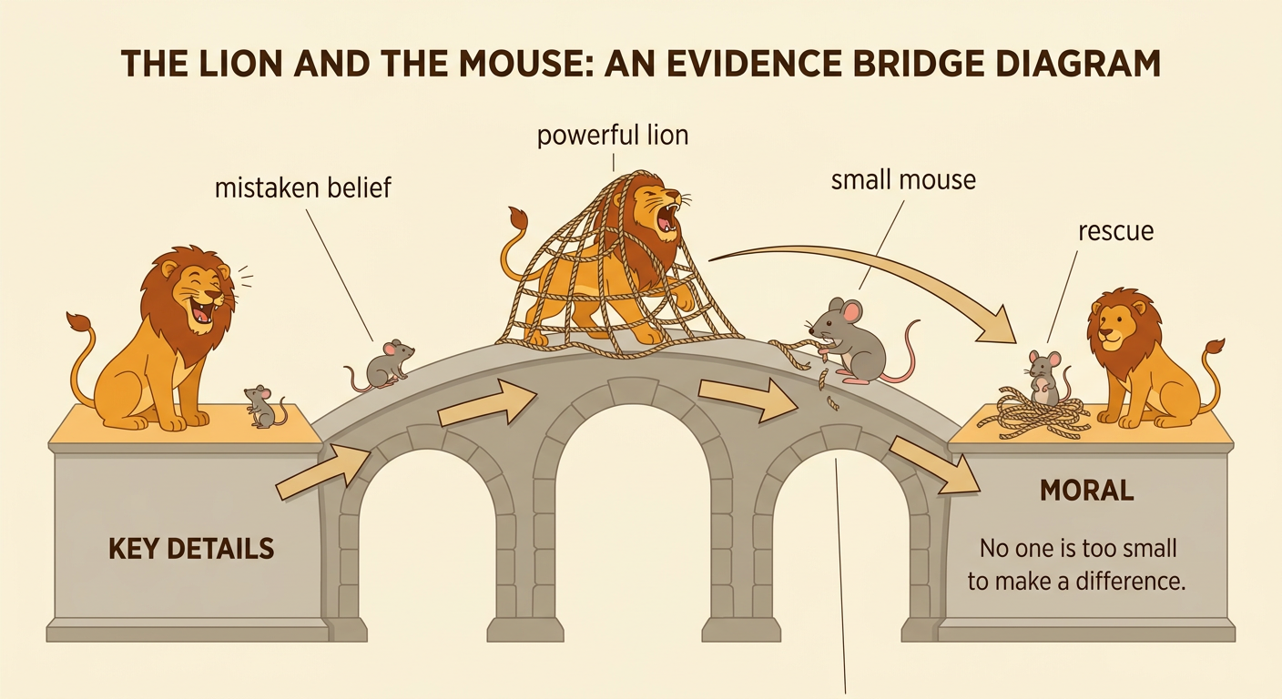 Three connected scenes show the lion laughing, becoming trapped, and being freed by the mouse.