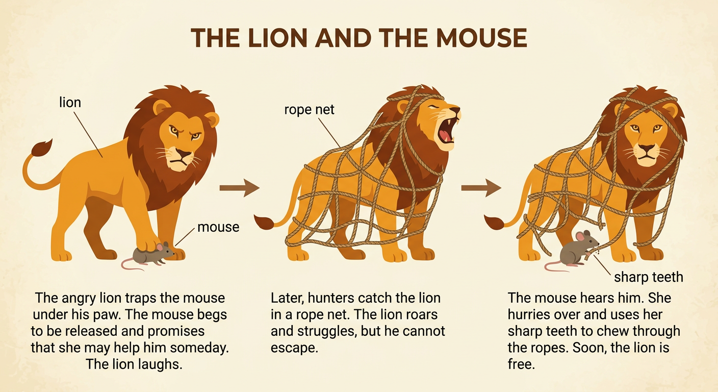 The mouse chews through the rope net to rescue the trapped lion.