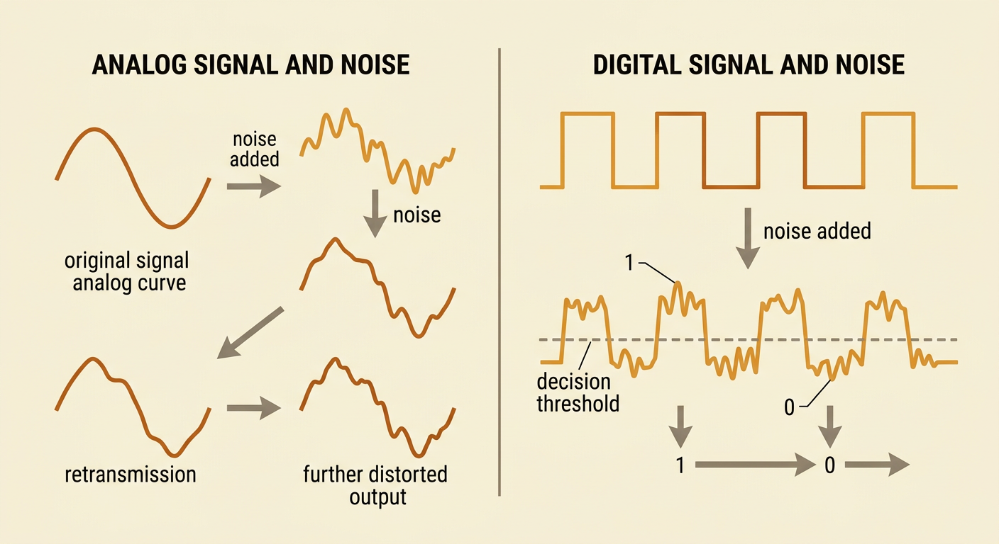 Noisy digital pulses remain above or below a decision threshold and are identified as 1 or 0.