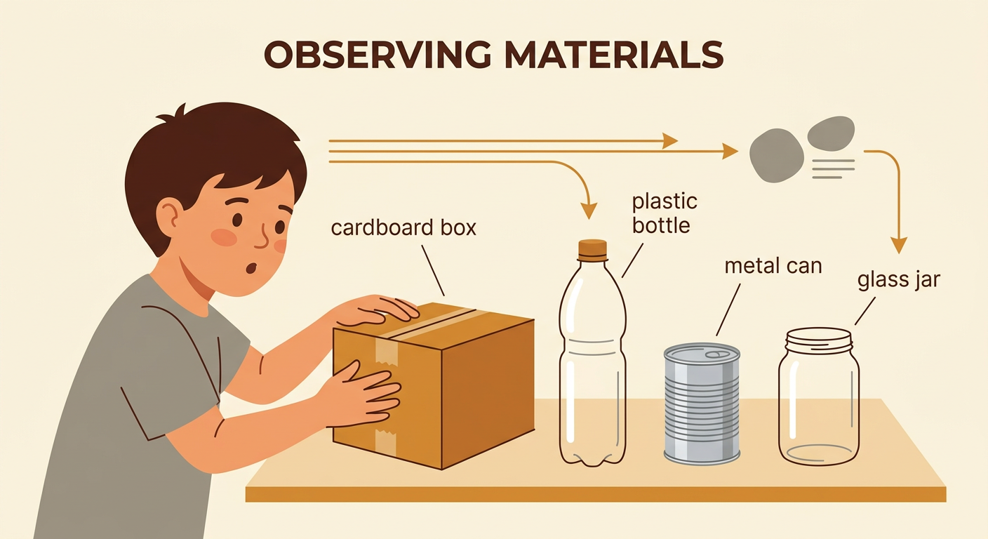 Four clean objects sit together while a child gently observes their colors and surfaces.