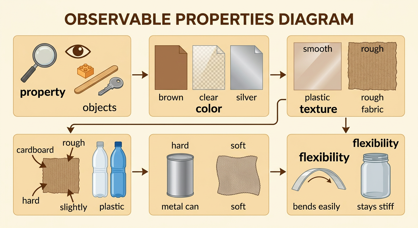 A metal can, fabric piece, and cardboard piece are shown with close-up clues about their properties.