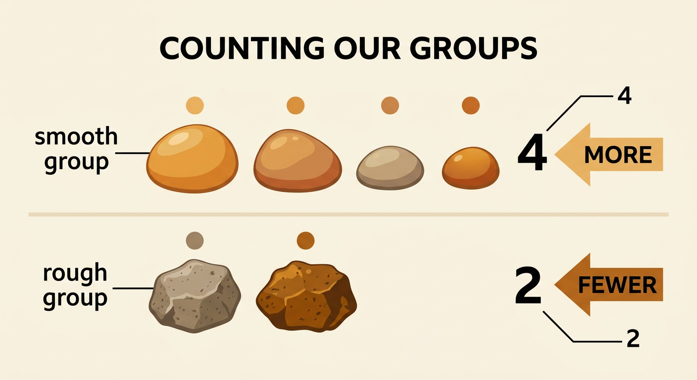 Two sorted groups show four smooth objects and two rough objects as two children point and count.