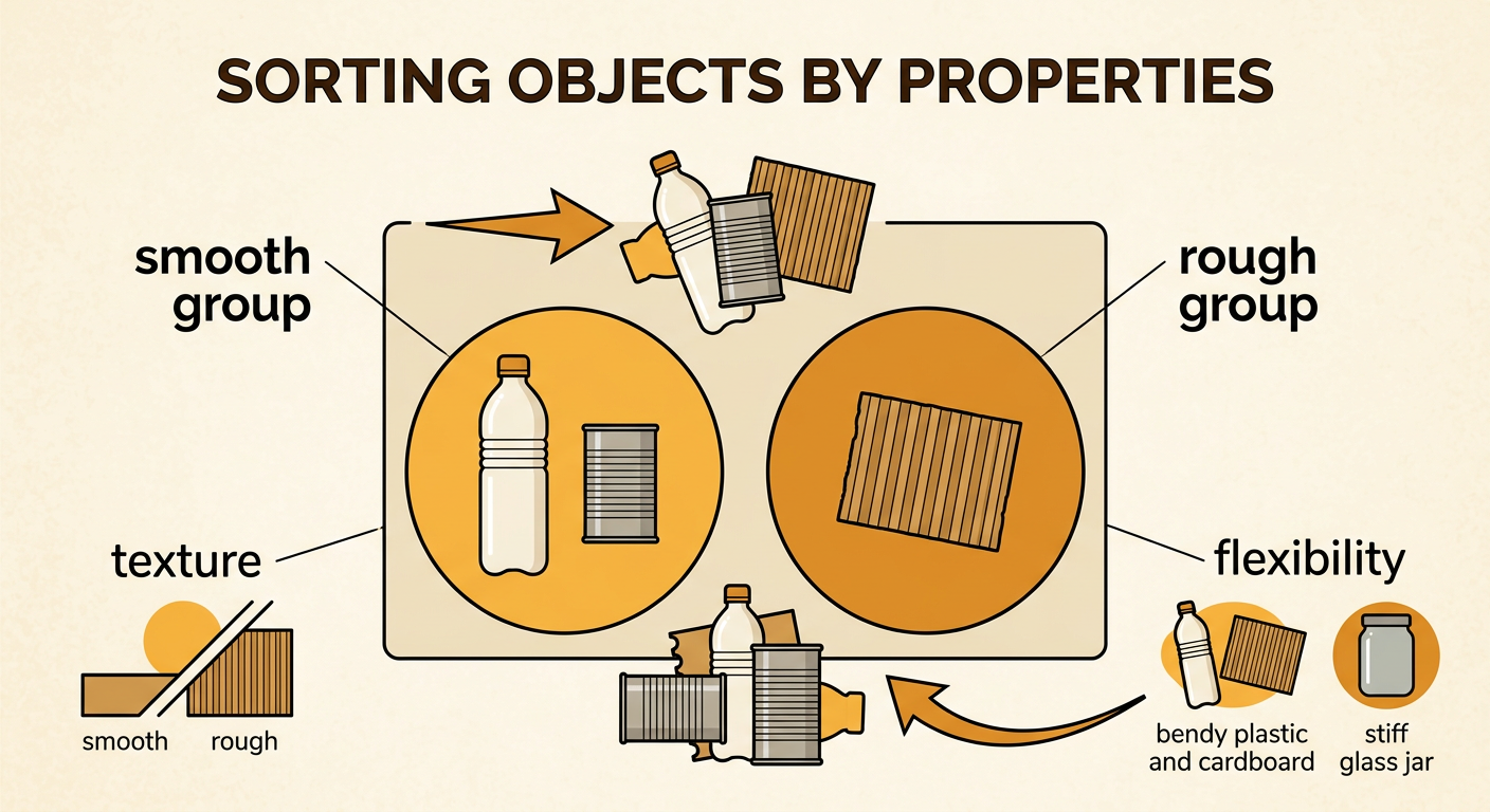 A plastic bottle and metal can are placed in one group while cardboard is placed in another group.