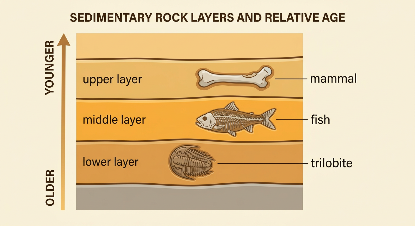 An undisturbed sedimentary rock column shows a trilobite in the lower layer, a fish in the middle layer, and a mammal in the upper layer.