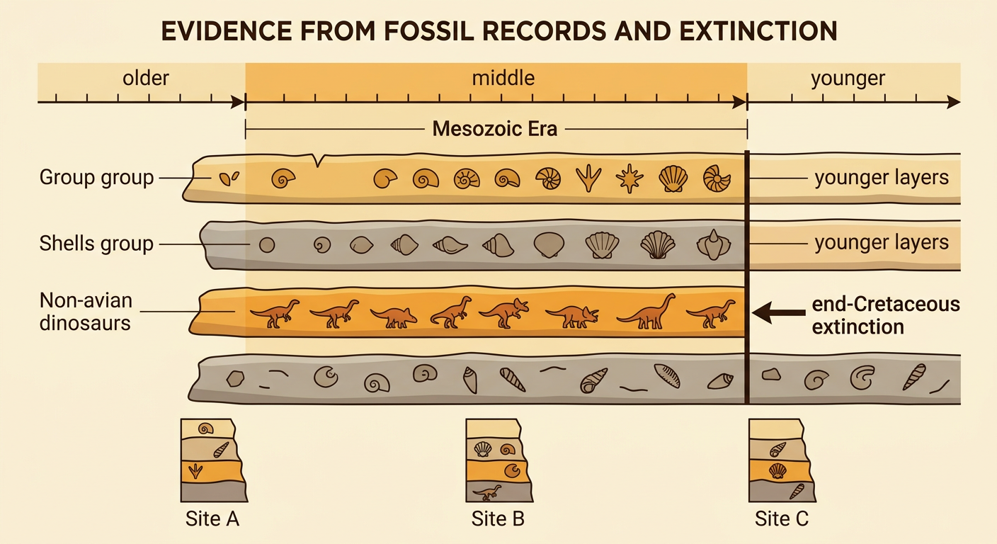 A fossil timeline shows non-avian dinosaur fossils throughout the Mesozoic Era and none above the end-Cretaceous extinction boundary.