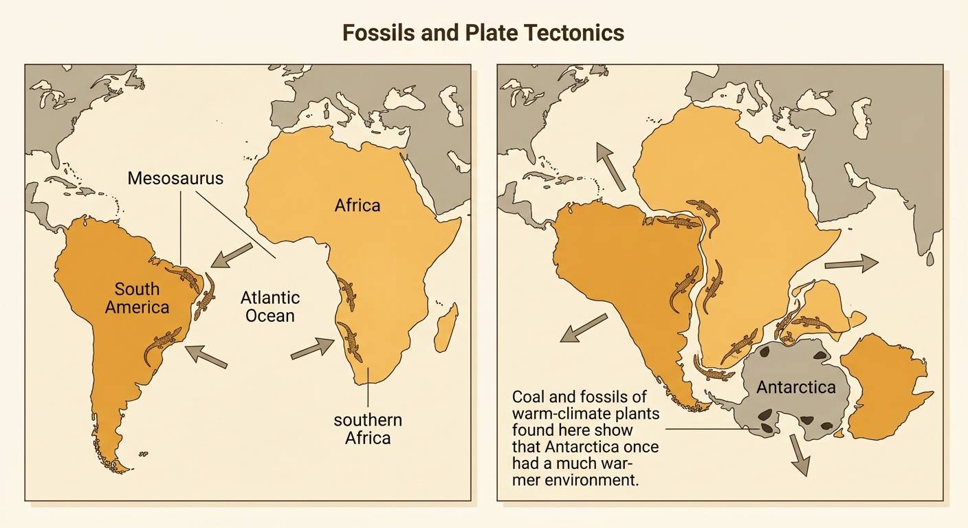 A world map matches Mesosaurus fossils across South America and southern Africa and shows warm-climate plant fossils in Antarctica.