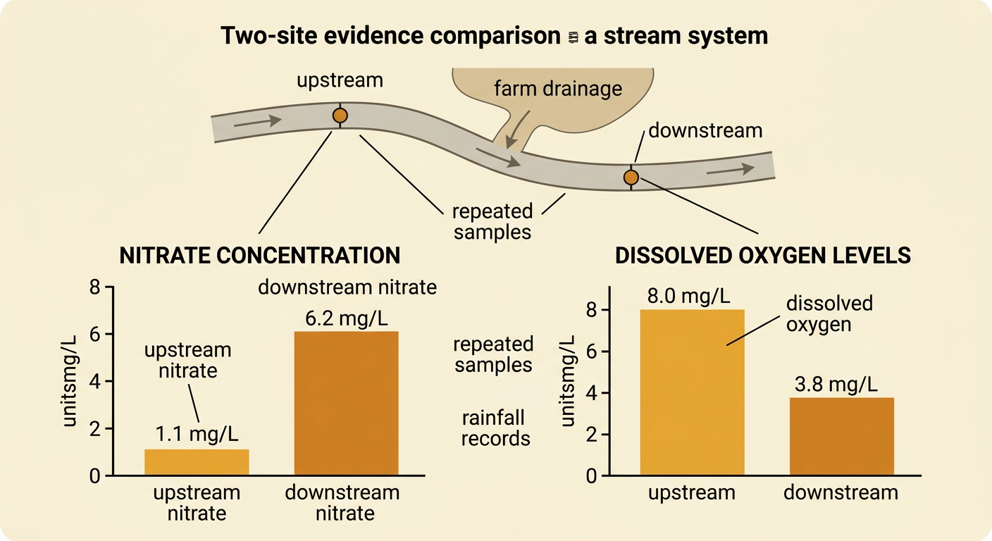 A paired graph compares upstream and downstream nitrate and dissolved oxygen measurements during a summer algal bloom.