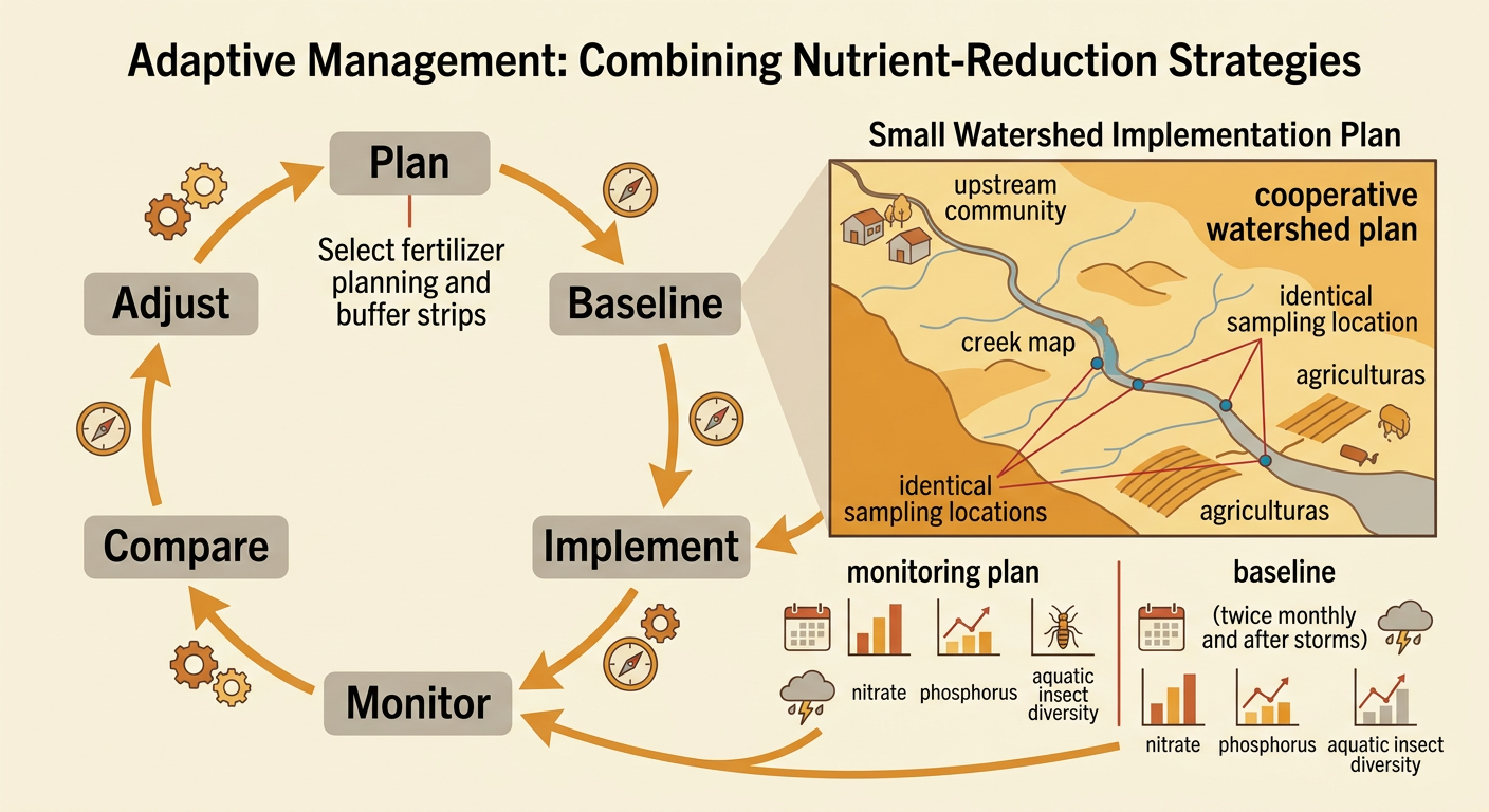 A creek improvement plan combines careful fertilizer use and streamside plants with repeated upstream and downstream measurements.