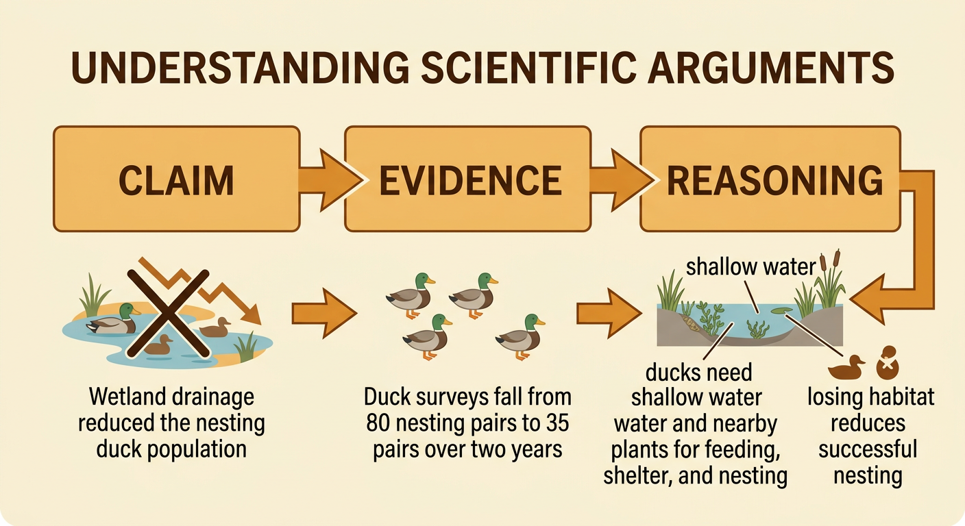 A drained wetland scene connects the loss of shallow water and declining duck counts to the three parts of an argument.