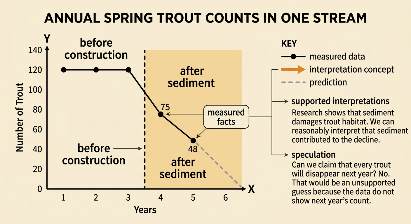 A stream population graph compares trout counts before construction with lower counts after sediment entered the water.