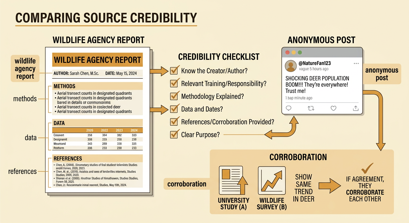 A side-by-side source comparison shows a detailed wildlife report and an unsupported anonymous online post.