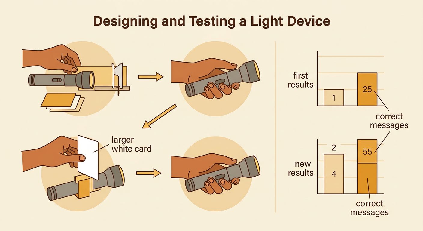 A child compares first results with new results after adding a larger white card to a flashlight device.