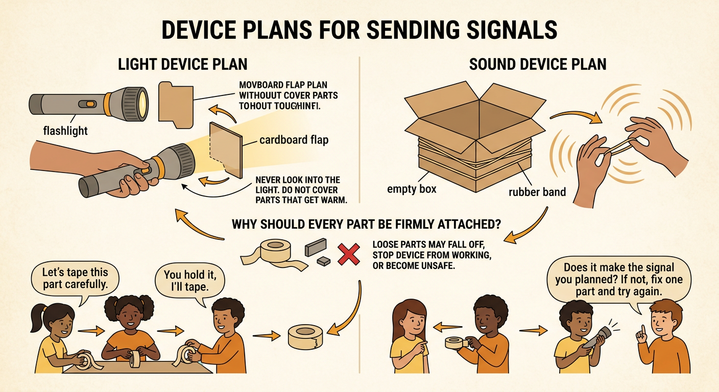 Children build a flashlight with a cardboard flap and an empty box with a stretched rubber band.