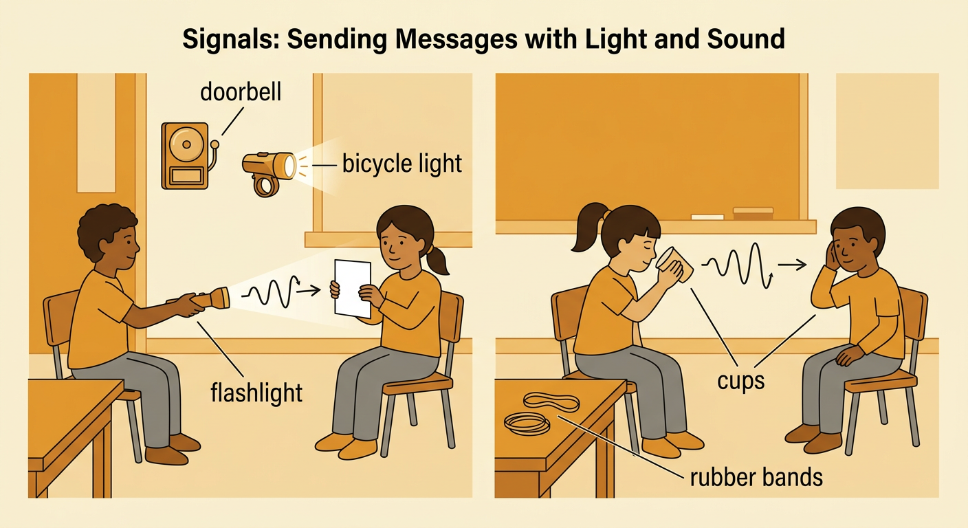 Children safely explore a doorbell, bicycle light, flashlight, cups, and rubber bands as examples of light and sound signals.