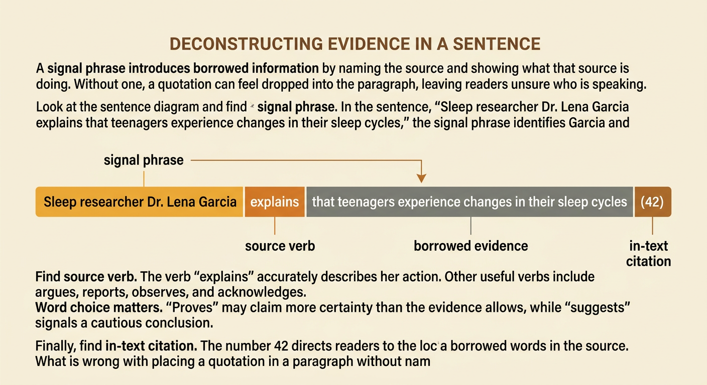 An academic sentence is divided into a signal phrase, a carefully chosen source verb, borrowed evidence, and an in-text citation.