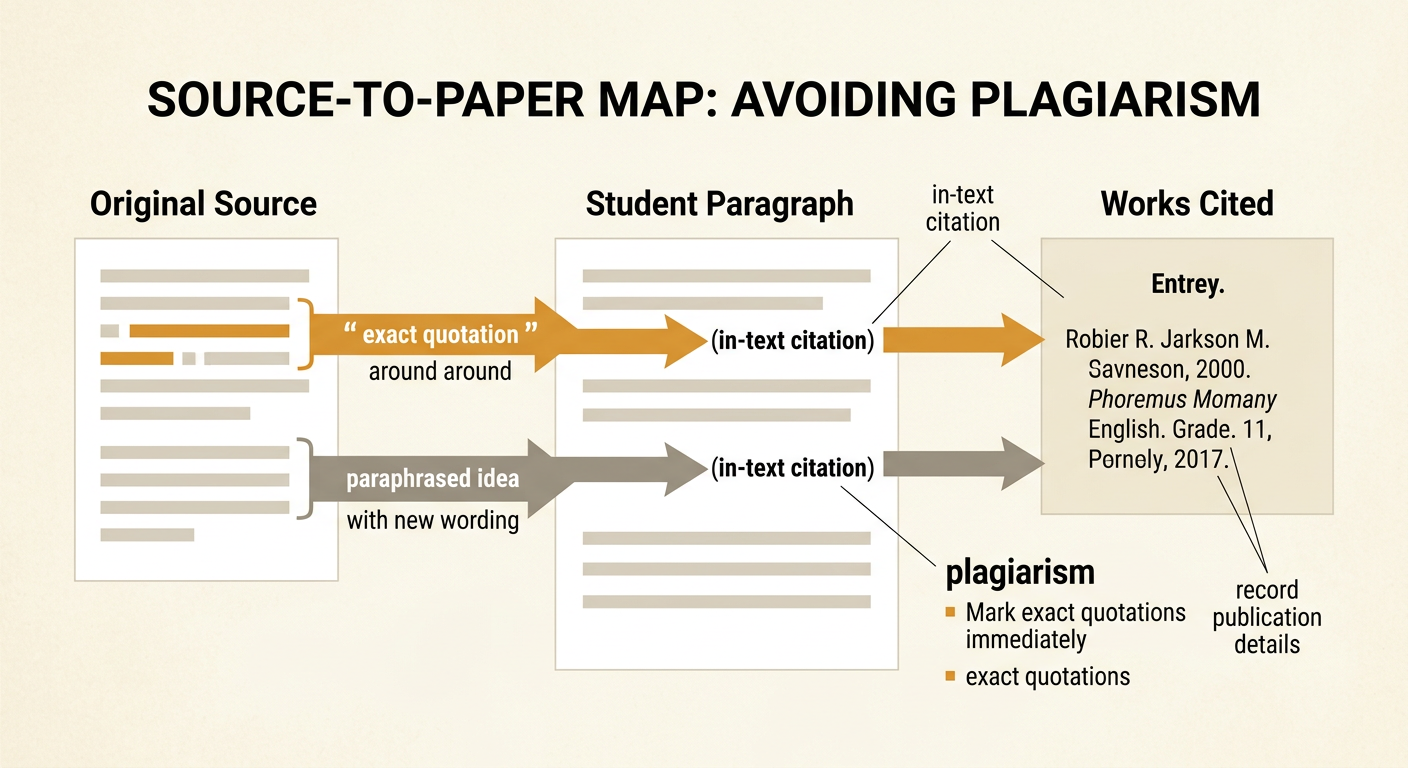 An MLA-style paper connects a parenthetical citation to its matching Works Cited entry while a note-taking checklist helps prevent plagiarism.