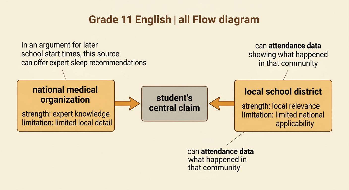 A student’s school start-time argument is supported by evidence from a national medical organization and a local school district, with each source’s limit shown.