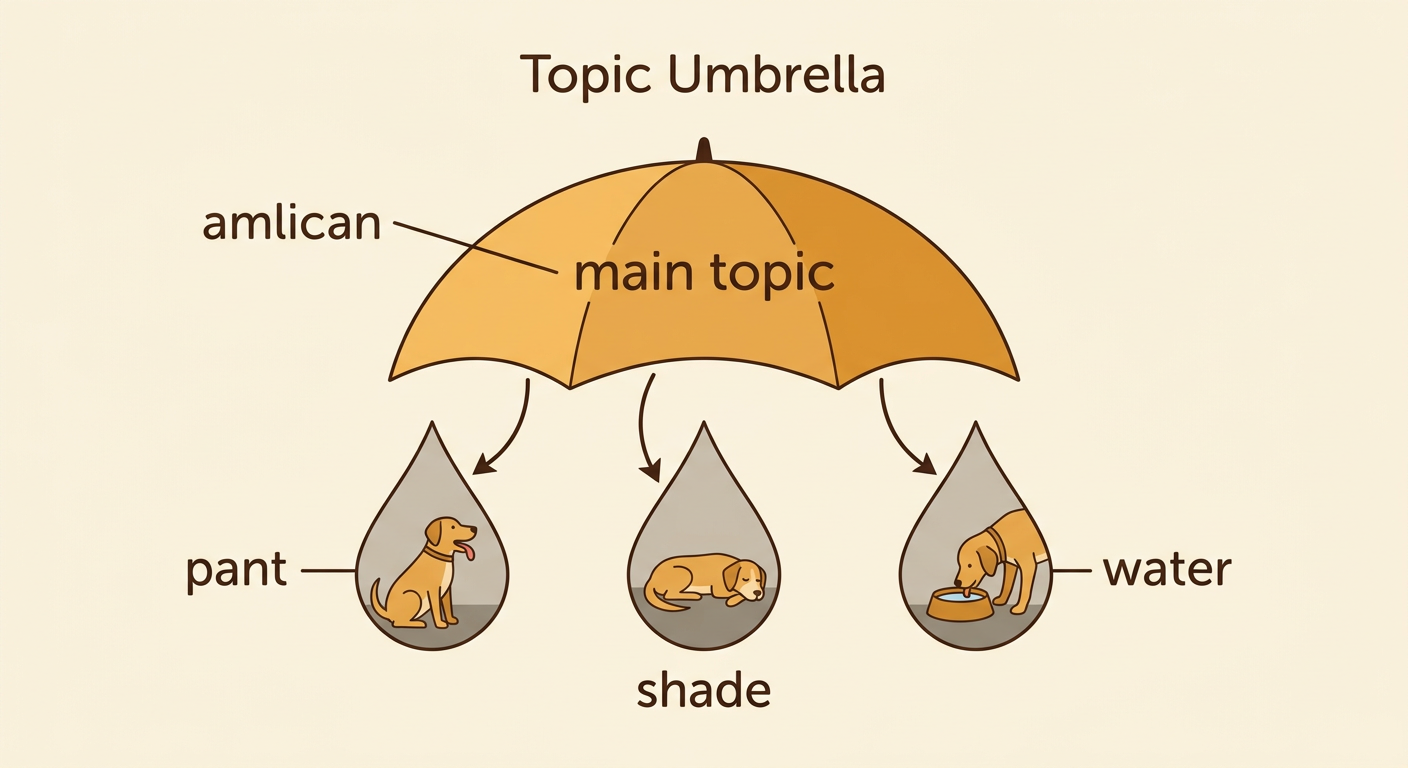 A dog cools off by panting beside shade and a bowl of water, with the main topic shown above.