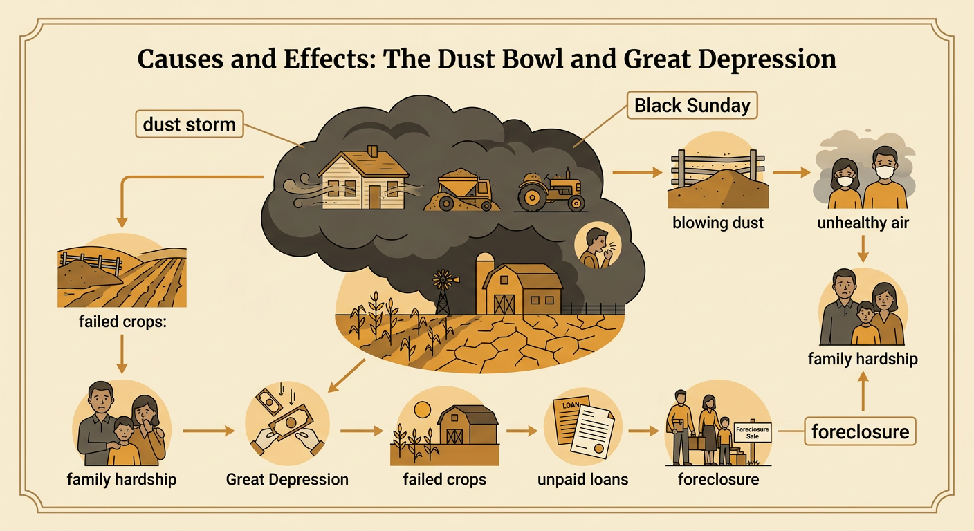 A farm family watches the Black Sunday dust storm darken the sky as a foreclosure notice hangs on their damaged home.
