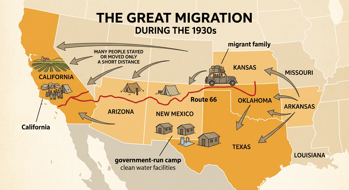 A migrant family drives west on Route 66 toward California, with a government-run camp shown near farm jobs.